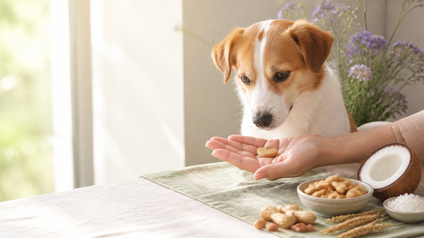 飼い主の手にあるハート型ビスケットを見つめる犬