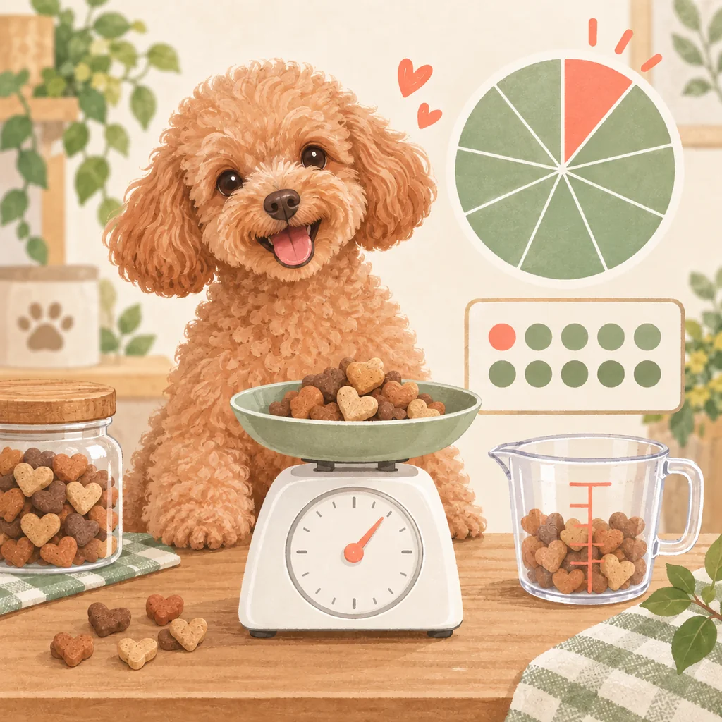 犬用おやつを量り適量を確認するトイプードルのイラスト