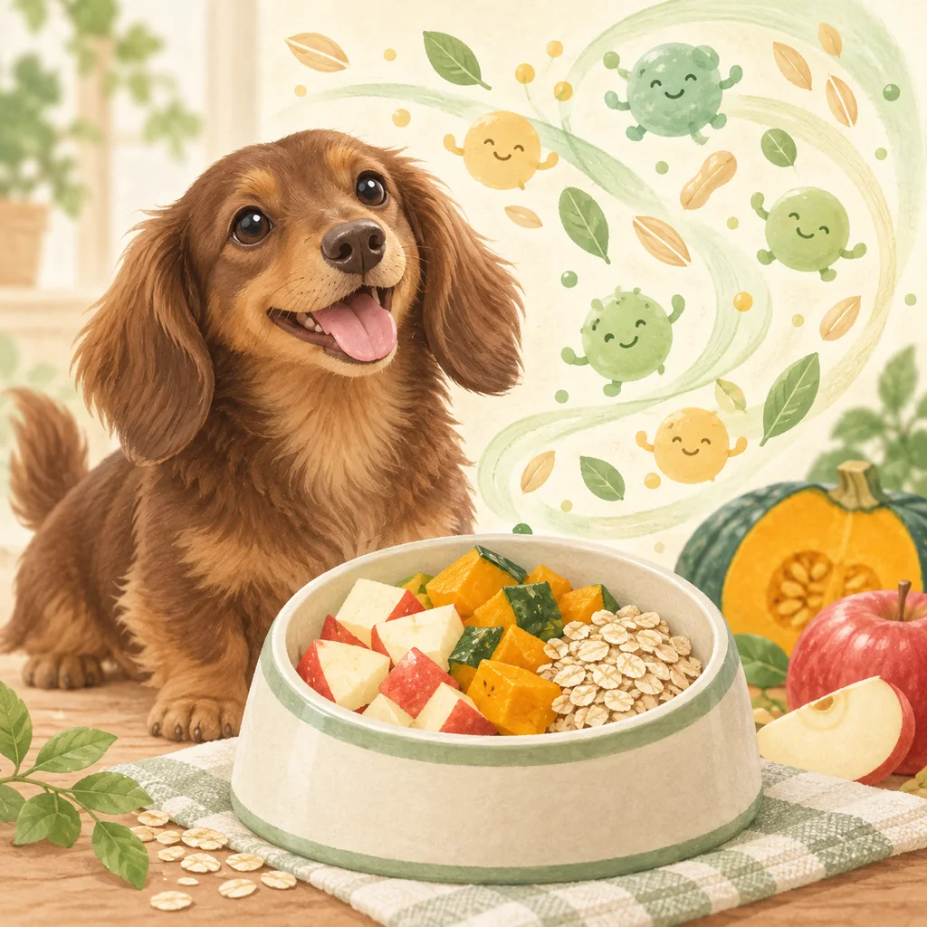 食物繊維を含む食材とダックスフンドの腸活イメージイラスト