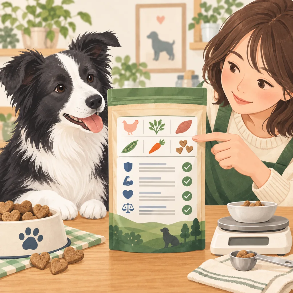 犬用おやつの原材料表示と成分を確認する飼い主とボーダーコリーのイラスト