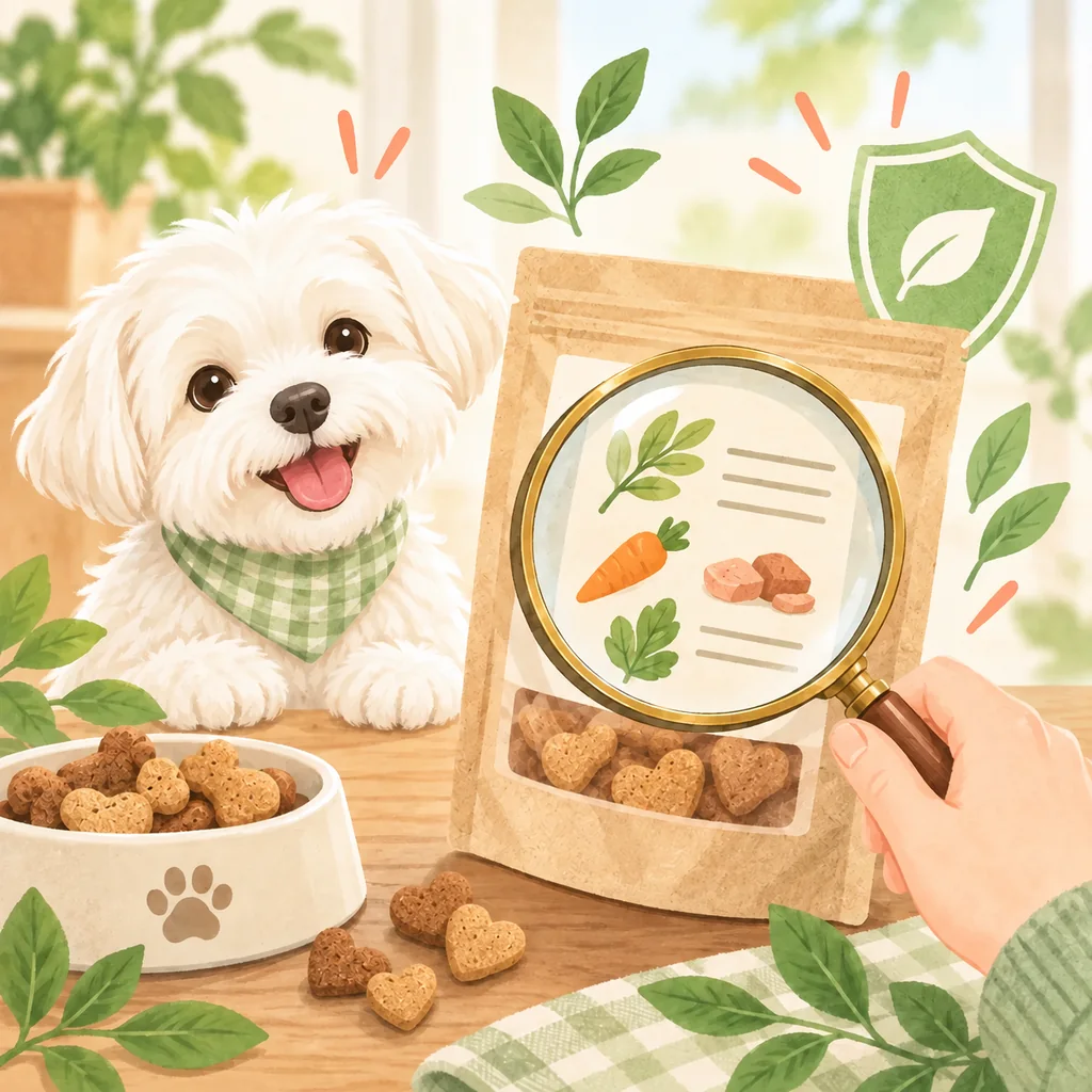 犬用おやつの原材料表示を虫眼鏡で確認する飼い主とマルチーズのイラスト
