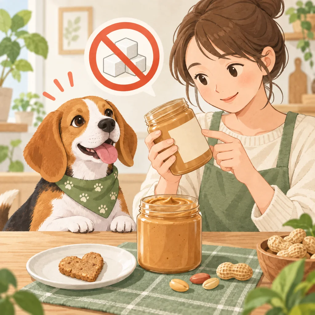 ピーナッツバターの原材料を確認する飼い主とビーグルのイラスト