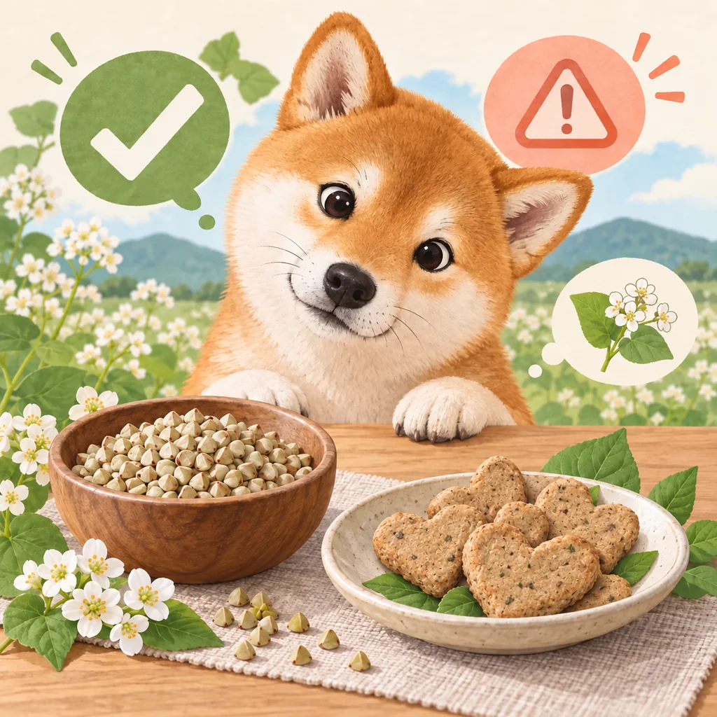 そばの実とそば粉の犬用おやつを前にした柴犬のイラスト
