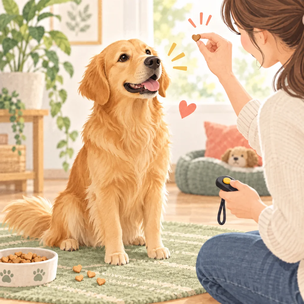 小さなおやつとクリッカーを使ってトレーニングするゴールデンレトリバーのイラスト
